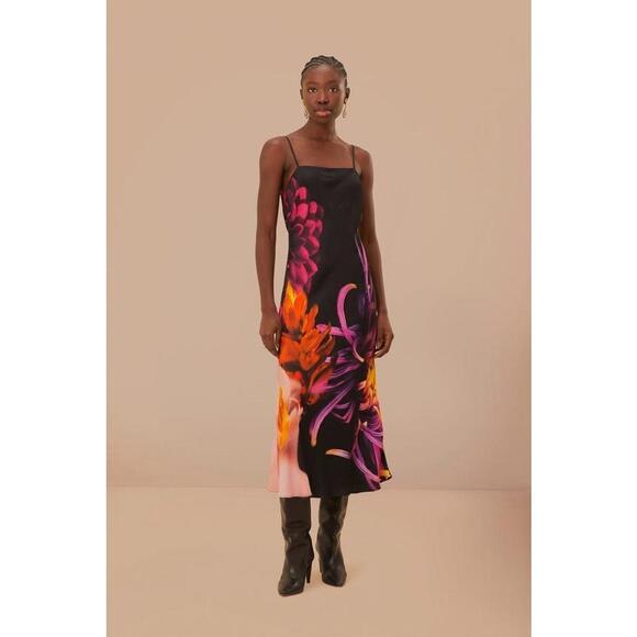 198$ Farm Rio Black Blurry Floral LENZING ECOVERO Viscose Slip Dress Size L - Picture 1 of 4
